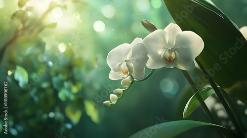 Two white orchids bloom in dappled sunlight. photo
