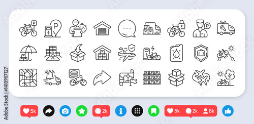 Parking garage, Canister and Packing boxes line icons pack. Social media: share, comment, like icons. Bicycle, Delivery man, Food delivery web icon. Vector