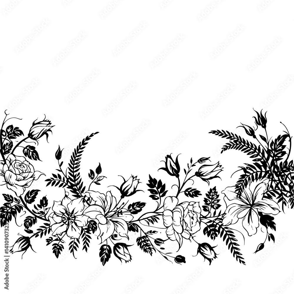 Fototapeta premium Elegant Floral Border Vector Illustration, Black & White, Vintage Style
