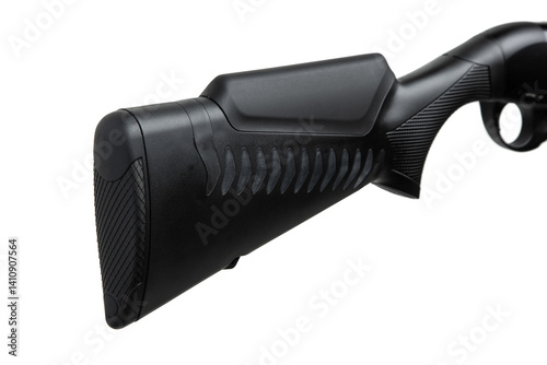 Close-up of black synthetic rifle stock with textured grip and recoil pad, isolated on white back