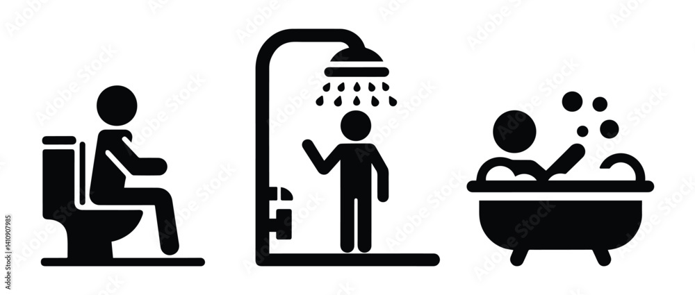 set of icons man in bath, in toilet, in shower, sticks stickman figure, isolated human silhouette set of icons man in bath, in toilet, in shower, sticks stickman figure, isolated human silhouette
