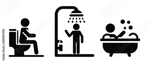 set of icons man in bath, in toilet, in shower, sticks stickman figure, isolated human silhouette