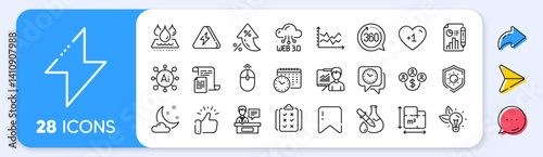 Presentation, Calendar time and Eco energy line icons. Interest rate, AI generate, Inflation icons. Pack of Documents, 360 degrees, Web3 icon. Rule, Swipe up, Sun protection pictogram. Vector