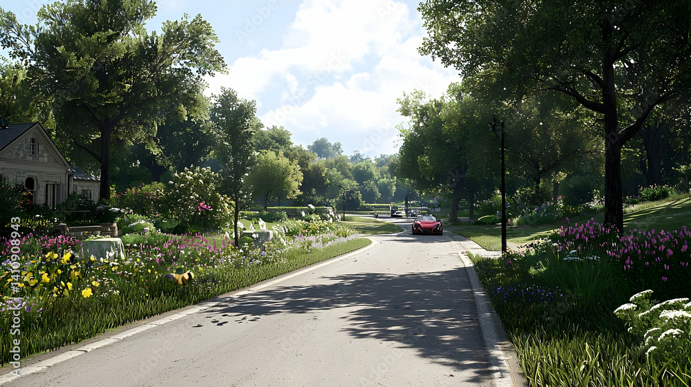 Obraz premium Sunny Residential Street With Lush Landscaping