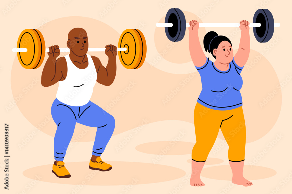 Obraz premium Man and woman lifting barbells together during a weight training session on a beige background