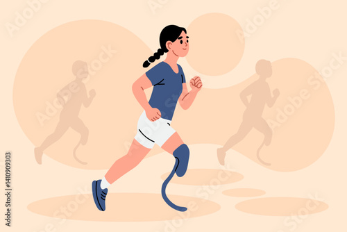 Athletic woman with blade prosthesis running confidently with energy and strength