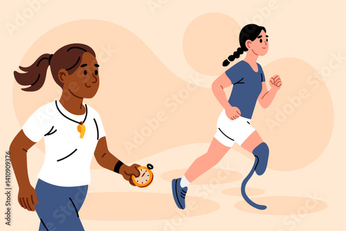 Athletic woman with leg prosthesis running while being timed by a female coach holding a stopwatch