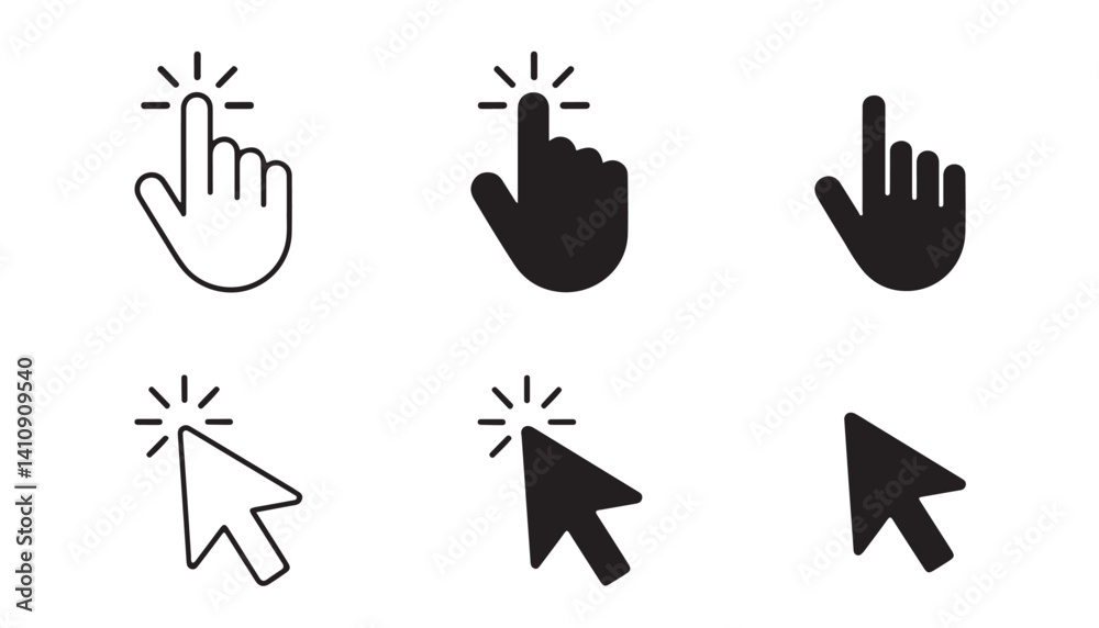 Obraz premium Modern click and pointer icons in black and white.