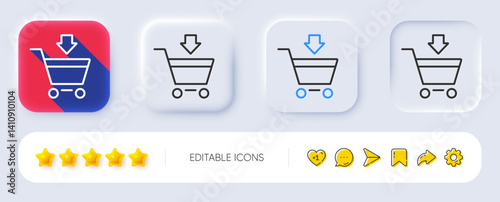Add to Shopping cart line icon. Neumorphic, Flat shadow, 3d buttons. Online buying sign. Supermarket basket symbol. Line online market icon. Social media icons. Vector