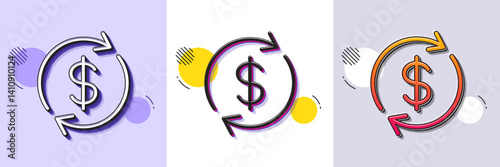 Currency exchange line icon. Halftone dotted pattern. Gradient icon with grain shadow. Money Transfer sign. Dollar in rotation arrow symbol. Line usd exchange icon. Various designs. Vector