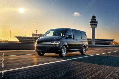 unrecognizable small passenger van hurry up on highway at city street traffic concept urban cityscape and sunset sky on background. charter or shuttle bus van hurry up on road with motion blur effect