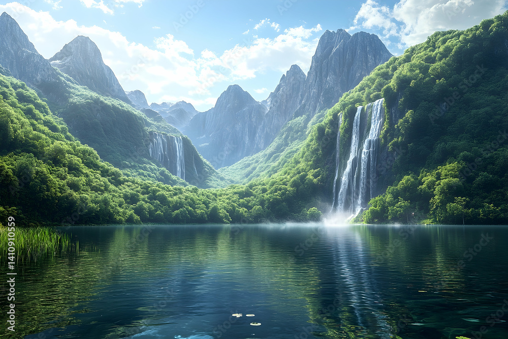 Fototapeta premium Lush valley with waterfalls reflecting on a serene lake.
