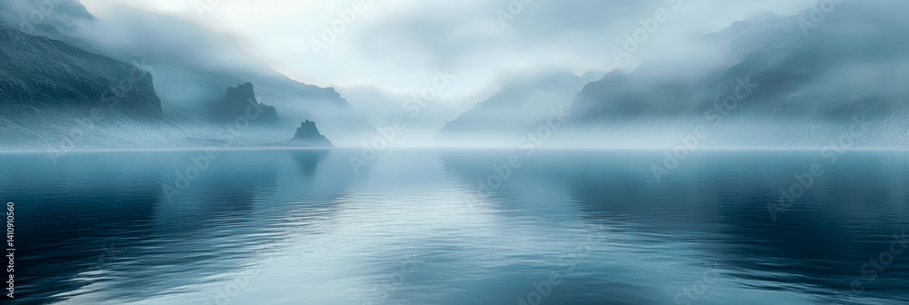 Fototapeta premium Misty seascape with tranquil water and atmospheric mountains during early morning light