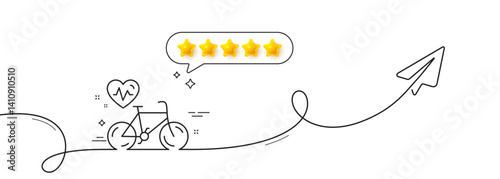 Cardio bike training line icon. Continuous line with share plane. Bicycle exercise sign. Gym fit heartbeat symbol. Five star rate review in speech bubble. Cardio bike single line ribbon. Vector