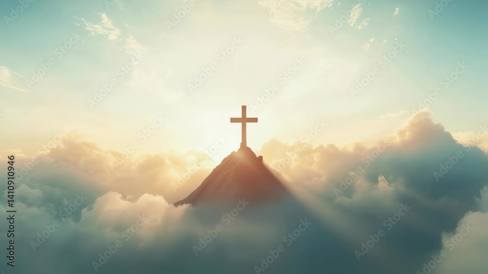 Dramatic sunrise with cross on mountain peak above the clouds
