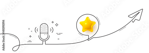Microphone line icon. Continuous line with share plane. Studio mic sign. Voice record device symbol. 3d star in speech bubble. Microphone single line ribbon. Loop curve pattern. Vector