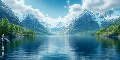 Majestic narrow fjord surrounded by towering snow-capped mountains under a bright blue sky