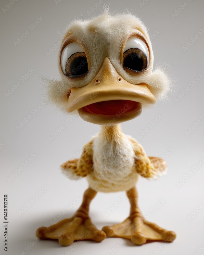 Fototapeta premium Adorable cartoon duckling figurine gazes directly.