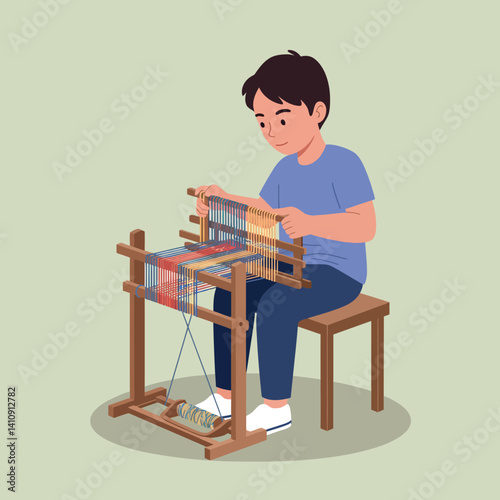 Young boy weaving colorful fabric on wooden loom in flat minimal vector art, sitting calmly and focused in a simple indoor creative workspace setting