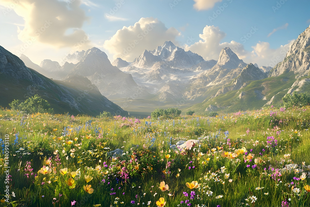 Fototapeta premium A vibrant alpine meadow bathed in sunlight.