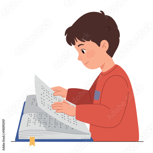 Young boy in red sweater reading braille book at table flat minimal style vector illustration