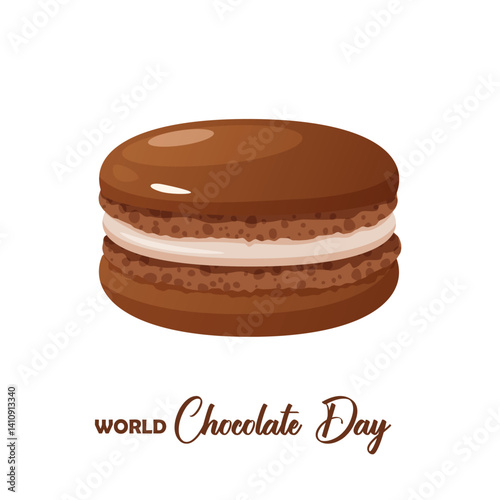 Chocolate French macaron dessert with lettering World Chocolate Day isolated on white background.	
