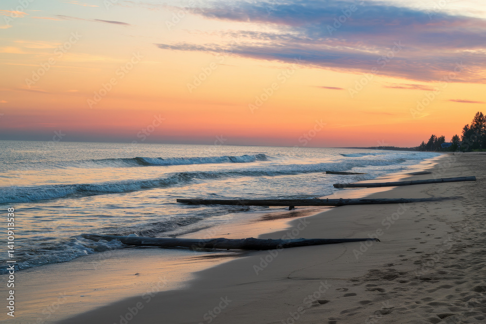 Sunset on a shell-covered beach with gentle waves and golden light reflections Sunset on a shell-covered beach with gentle waves and golden light reflections