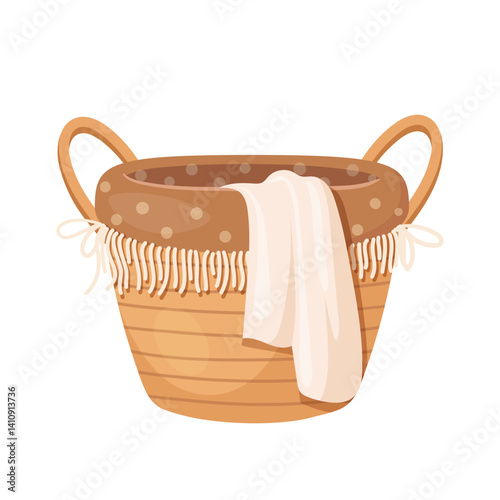 Home laundry wicker basket design with textile inside isolated on white background.
