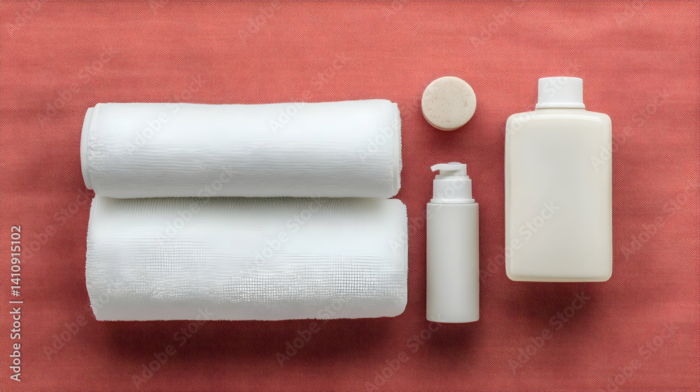 White Towels And Spa Products On Red Background White Towels And Spa Products On Red Background