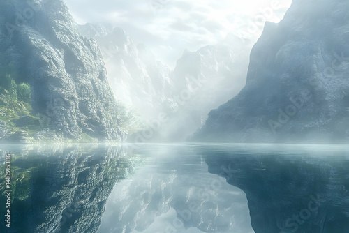 Misty fjord valley reflecting mountain peaks.