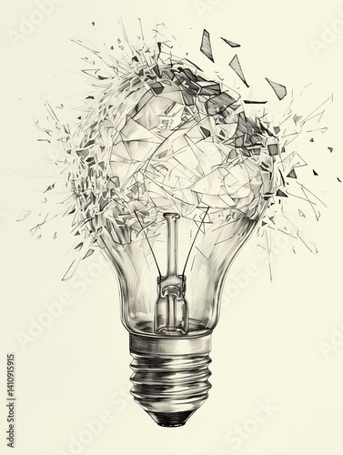 Minimalist ink sketch of a light bulb exploding in the dark — shattered but still whole — symbolizing the fragile yet powerful nature of ideas, inspiration, and innovation.