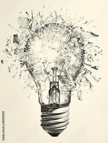 Minimalist ink sketch of a light bulb exploding in the dark — shattered but still whole — symbolizing the fragile yet powerful nature of ideas, inspiration, and innovation.