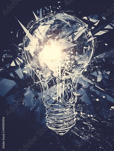 Minimalist ink sketch of a light bulb exploding in the dark — shattered but still whole — symbolizing the fragile yet powerful nature of ideas, inspiration, and innovation.