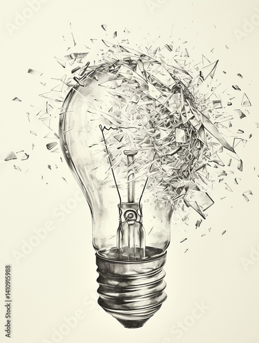 Minimalist ink sketch of a light bulb exploding in the dark — shattered but still whole — symbolizing the fragile yet powerful nature of ideas, inspiration, and innovation.