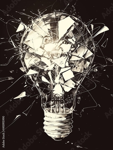 Minimalist ink sketch of a light bulb exploding in the dark — shattered but still whole — symbolizing the fragile yet powerful nature of ideas, inspiration, and innovation.