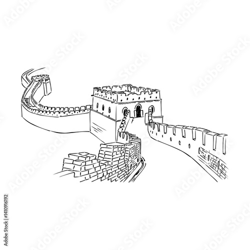 The great wall of china. Black and white illustration of Great Wall of China.