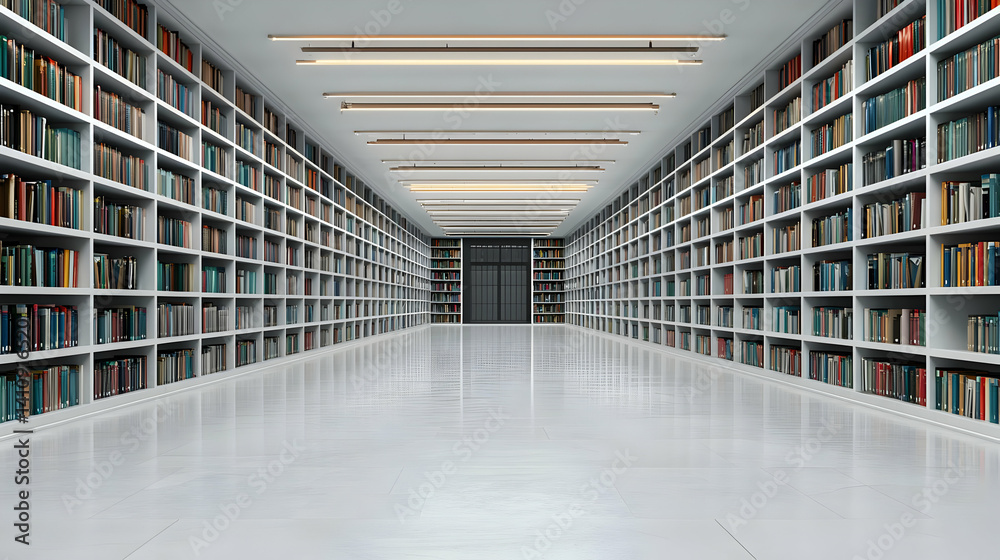 Modern Empty Library With White Bookshelves And Concrete Floor Modern Empty Library With White Bookshelves And Concrete Floor