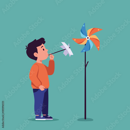 Young boy in orange sweater blowing on colorful pinwheel in playful flat minimal vector art scene with cheerful mood and simple background elements vector illustration