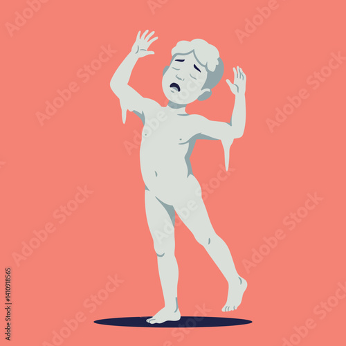 Melting human figure with distressed expression in minimal flat design style on coral background dramatic surreal vector art