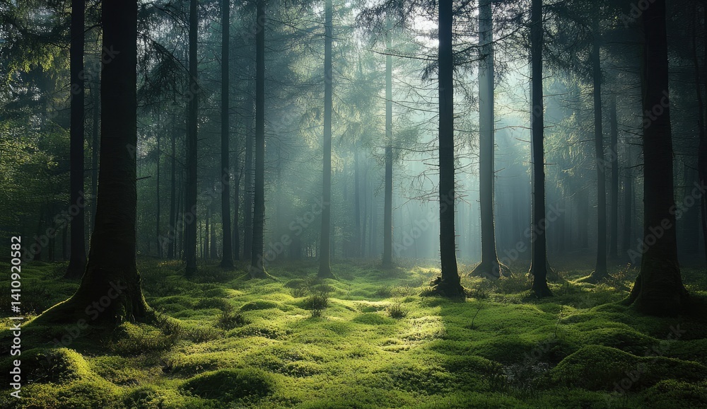 Obraz premium Sunbeams pierce a misty, moss-covered forest path