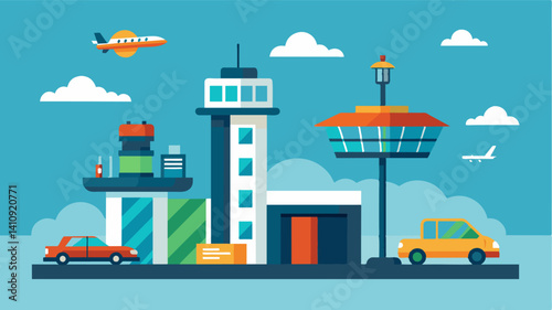 The parking towers also feature amenities for the air taxi drivers such as rest lounges and food courts.. Vector illustration