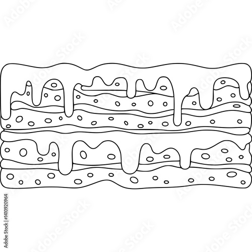 Hand-drawn Pancake Stack with Drizzled Glaze, Black and White Outline