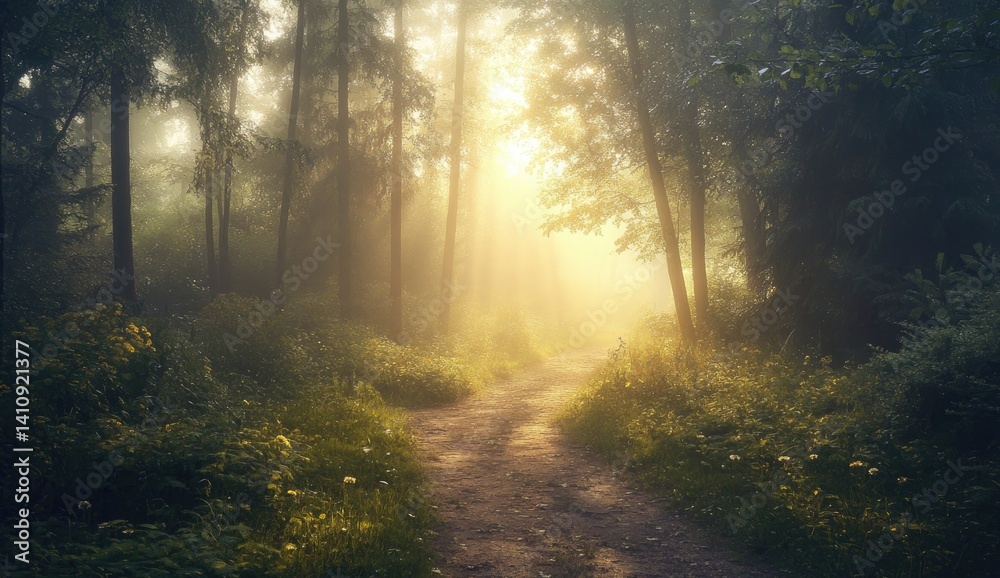 Obraz premium Sunlit path through misty forest