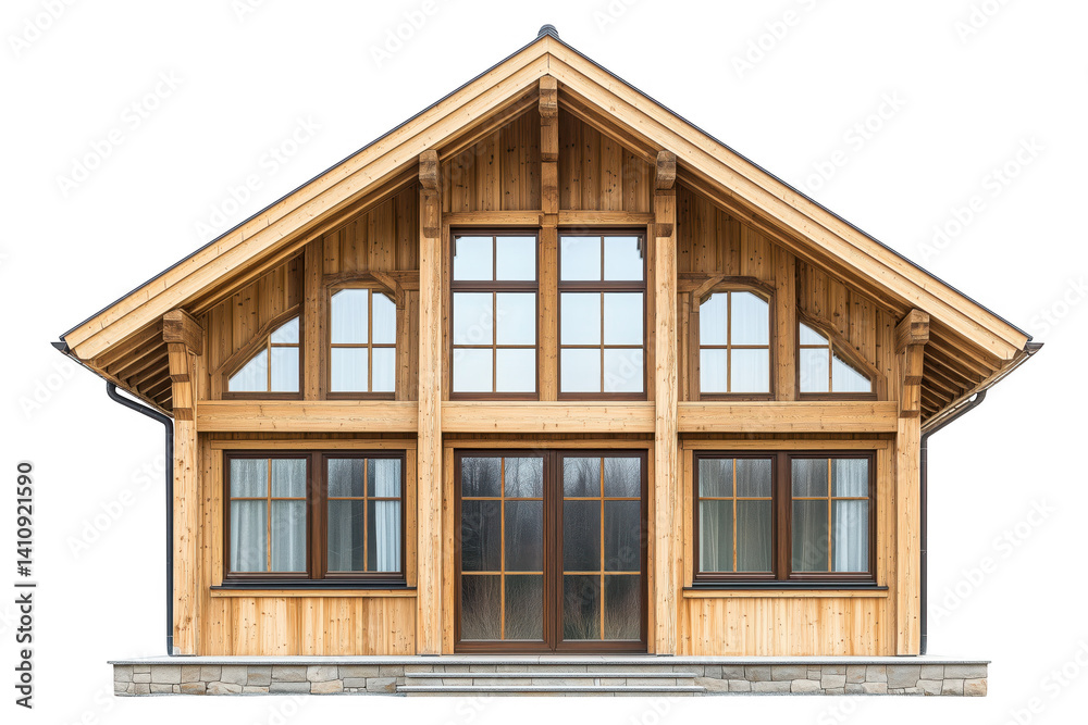 Beautiful Wooden House Facade with Symmetrical Windows isolated on a transparent background Beautiful Wooden House Facade with Symmetrical Windows isolated on a transparent background