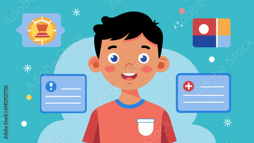 A young boy practices his pronunciation in a foreign language app repeating after the augmented reality avatar that appears in front of him.. Vector illustration