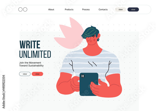 Writing people, modern flat vector concept illustration- standing man thoughtfully writing on tablet, bubble near head Metaphor for reflection, personal insight, contemplation, creative expression
