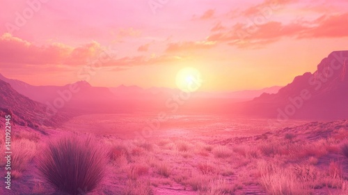 Fototapeta Naklejka Na Ścianę i Meble -  Cotton candy skies over mystical pink landscape with sun setting