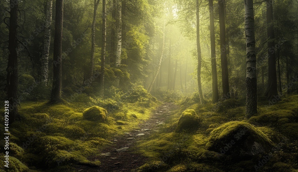 Obraz premium Sunlit path winds through mossy, misty forest