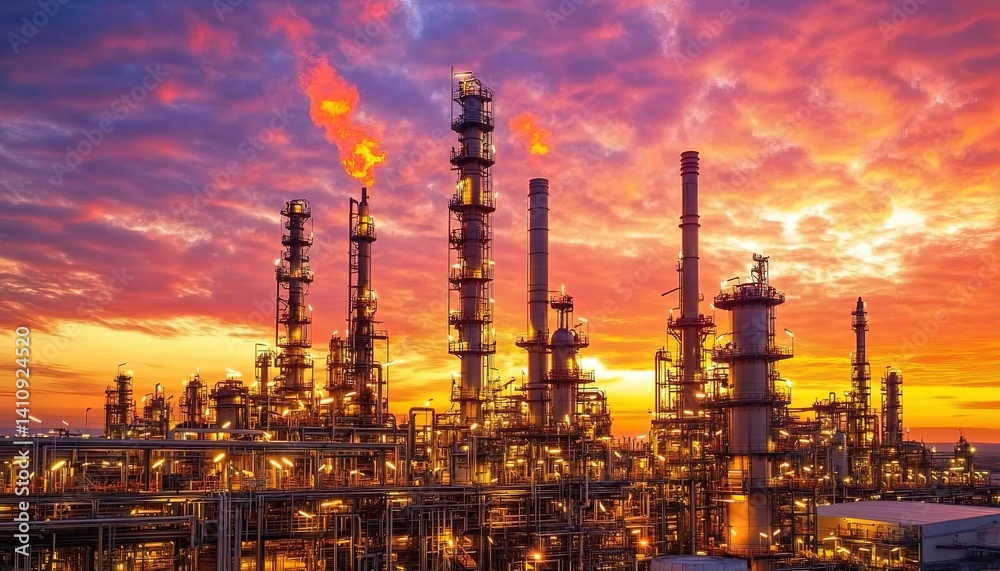 oil refinery and plant and tower column of Petrochemistry industry in oil and gas industrial with cloud orange sky the sunrise background oil refinery and plant and tower column of Petrochemistry industry in oil and gas industrial with cloud orange sky the sunrise background