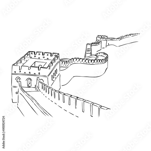 The great wall of china. Black and white illustration of Great Wall of China.
